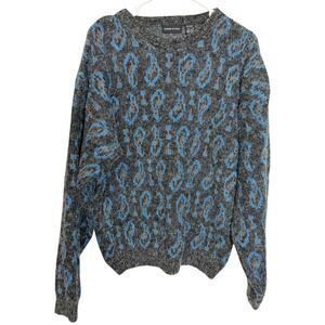 Design Studio L/XL Grey Blue Paisley Fuzzy Knit Crewneck Sweater Grunge Indie